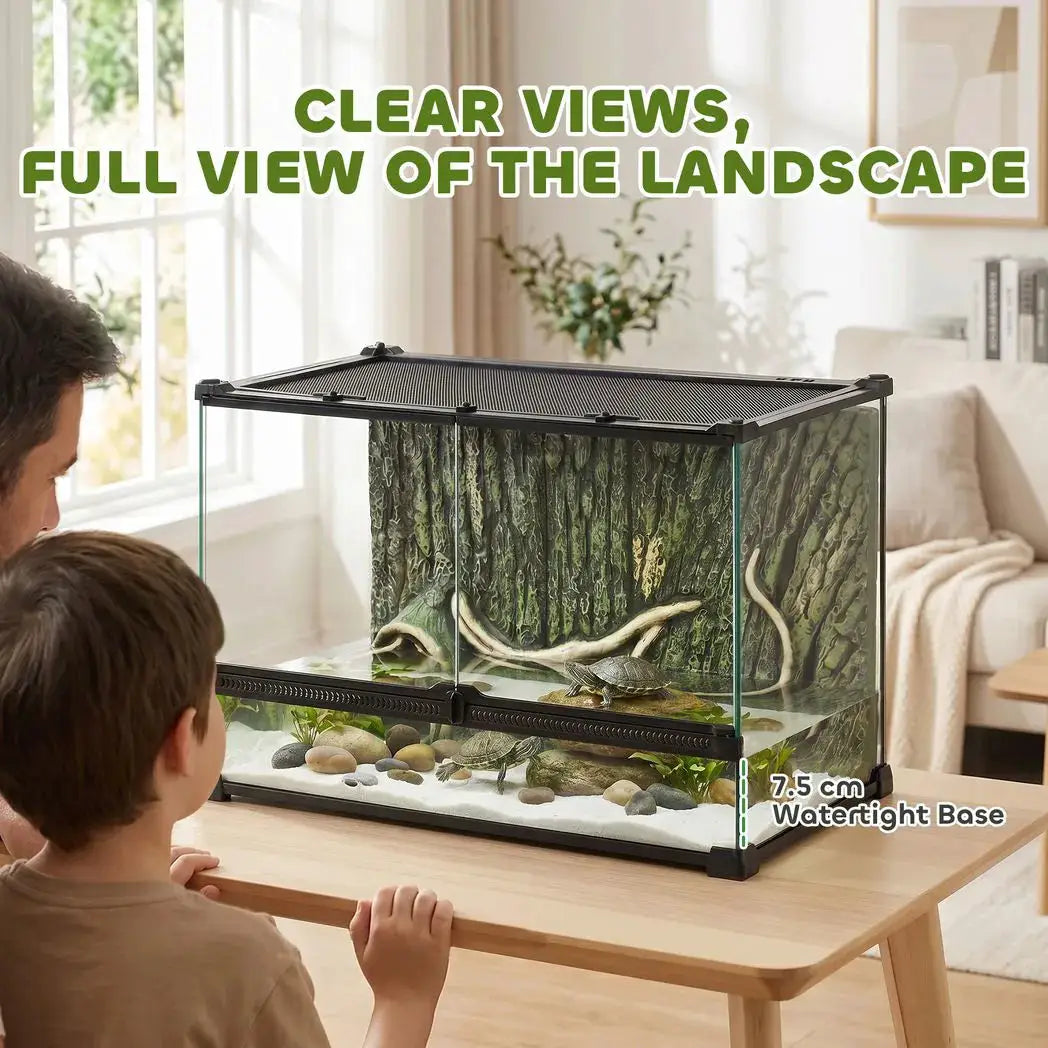 PawHut Reptile Glass Terrarium with Stone Background, Front Ventilation, Escape-Proof Knob Lock, 50 x 30 x 35 cm, Black - from PawHut