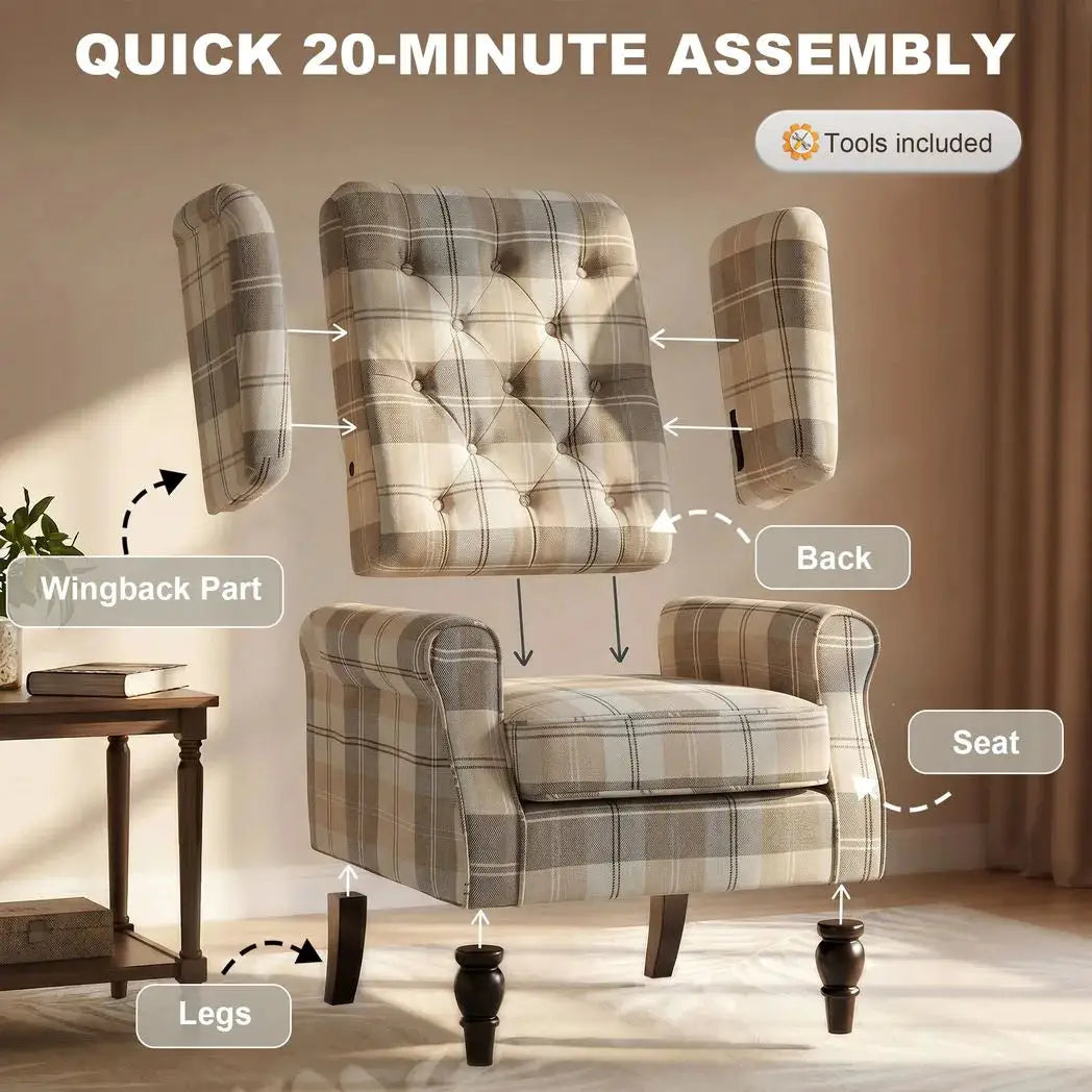 HOMCOM Wingback Accent Chair, Linen-Look Fabric Armchair with Thick Spring Cushion, High Back, Khaki Plaid - from HOMCOM