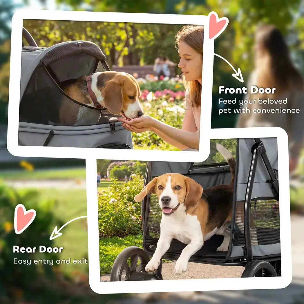 PawHut Dog Stroller, 3 Wheels Pet Stroller with Dual Entry, Easy One-Click Quick Fold, Mesh Windows, Washable Cushion - from PawHut