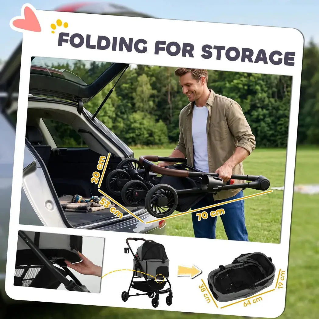 PawHut Dog Stroller, 3 in 1 Foldable Pet Stroller for Small Puppy Cat with Detachable Travel Carrier, Storage Basket, Grey - from PawHut