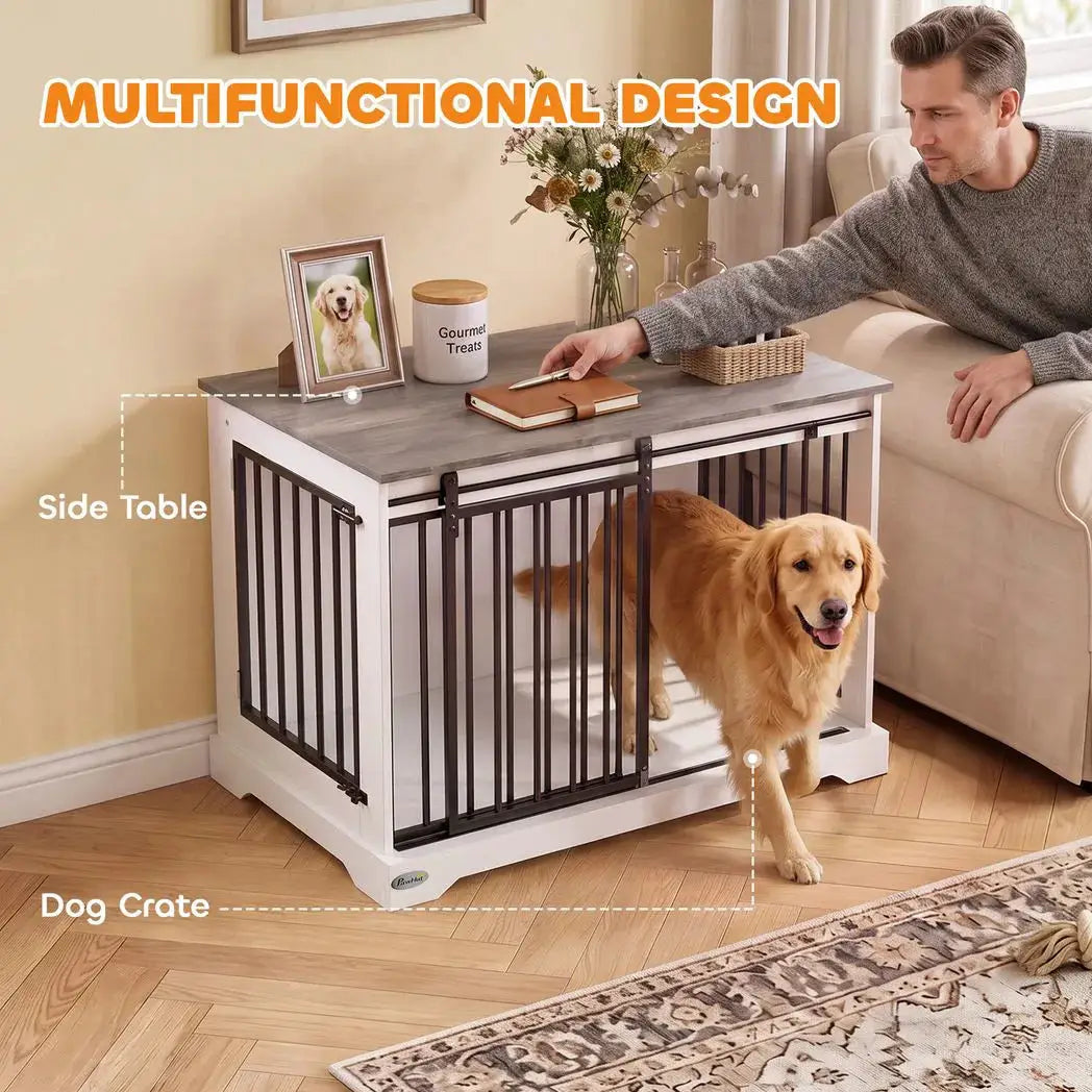 PawHut 100 cm Large Dog Crate Furniture with Sliding Barn Door for Large Dogs, White - from PawHut