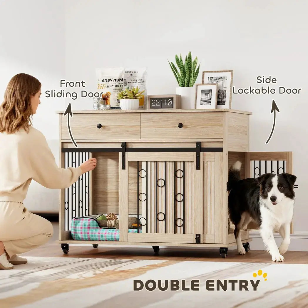 PawHut Dog Crate Furniture on Wheels, Dog Cage with 2 Drawers, Sliding Door, for Medium Large Dogs, Oak Tone - from PawHut