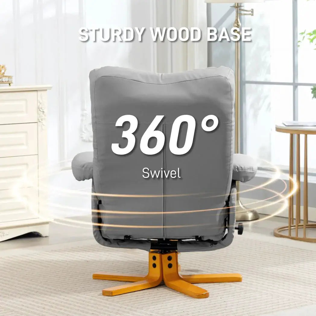 HOMCOM PU Leather Swivel Recliner Chair with Footstool, Wooden Base and Storage for Living Room, Light Grey - from HOMCOM