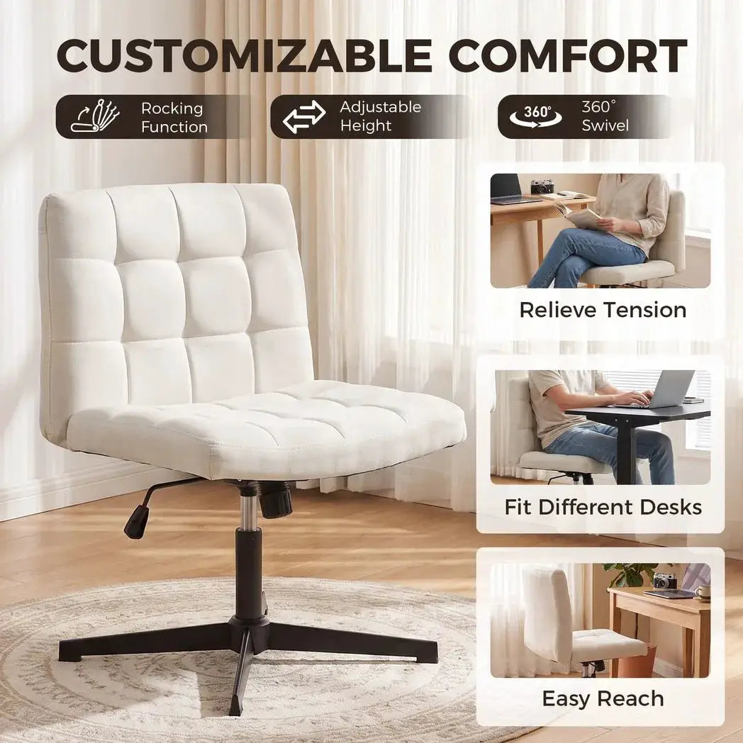 HOMCOM Armless Office Chair, Cross Legged Linen Computer Desk Vanity Chair with Wide Seat, Rocking Function, Beige - from HOMCOM