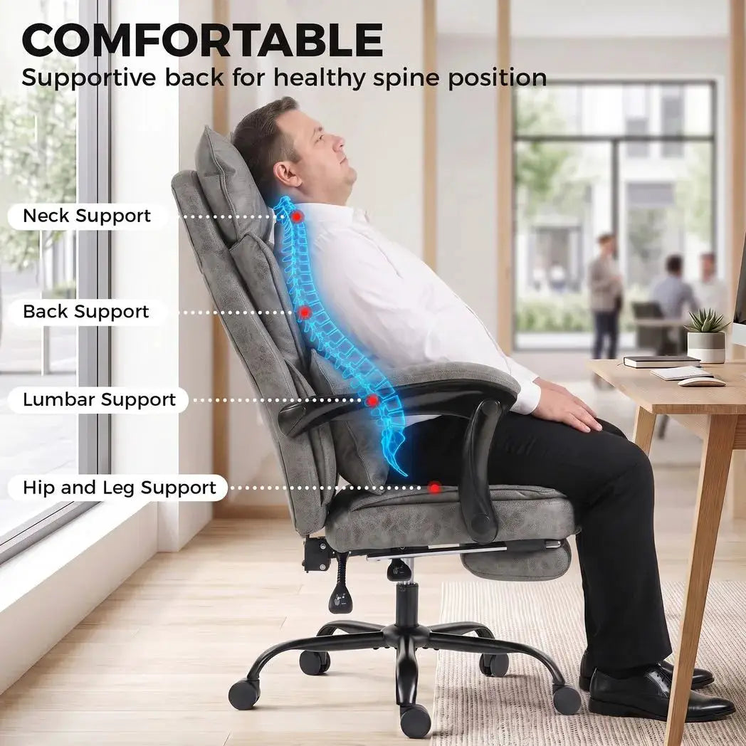 HOMCOM Executive Office Chair, Leathaire Big and Tall Office Chair 180 kg with Wide Seat, Reclining, Lumbar Support, Grey - from HOMCOM