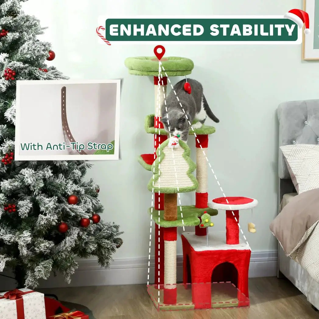 PawHut Cat Tree, 120cm Christmas Cat Tower with 3 Scratching Posts, Scratching Board, 2 Perches, Platforms, Toys, Green - from PawHut