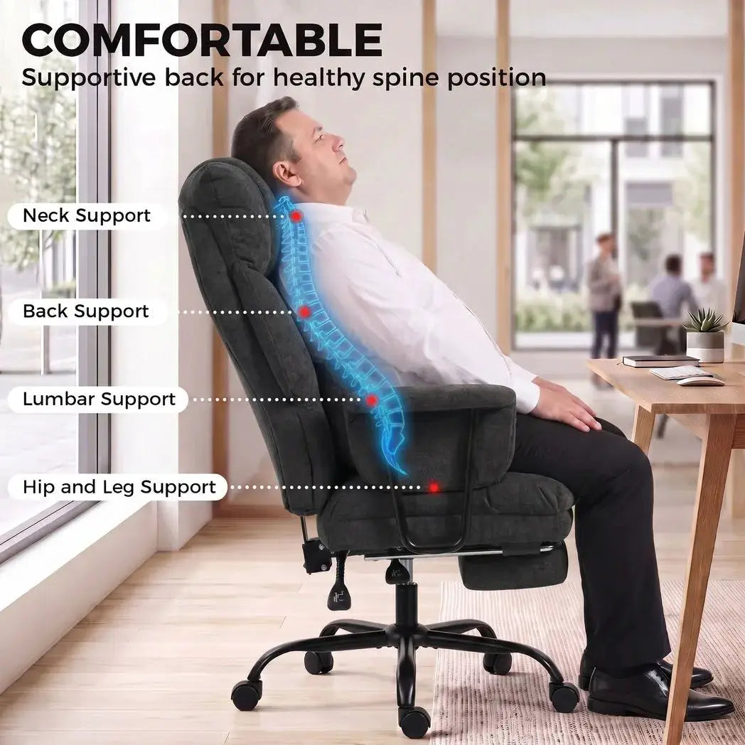 HOMCOM Office Chair, 180kg Heavy Duty Linen Computer Desk Chair with Lumbar Support, Wide Seat, Spring Cushion, Black - from HOMCOM