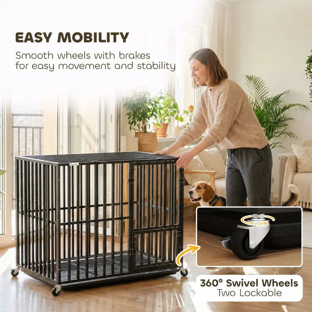PawHut Heavy Duty Dog Crate, Dog Cage with Wheels for Small Medium Breeds, Metal Pet Kennel with Removable Tray - from PawHut