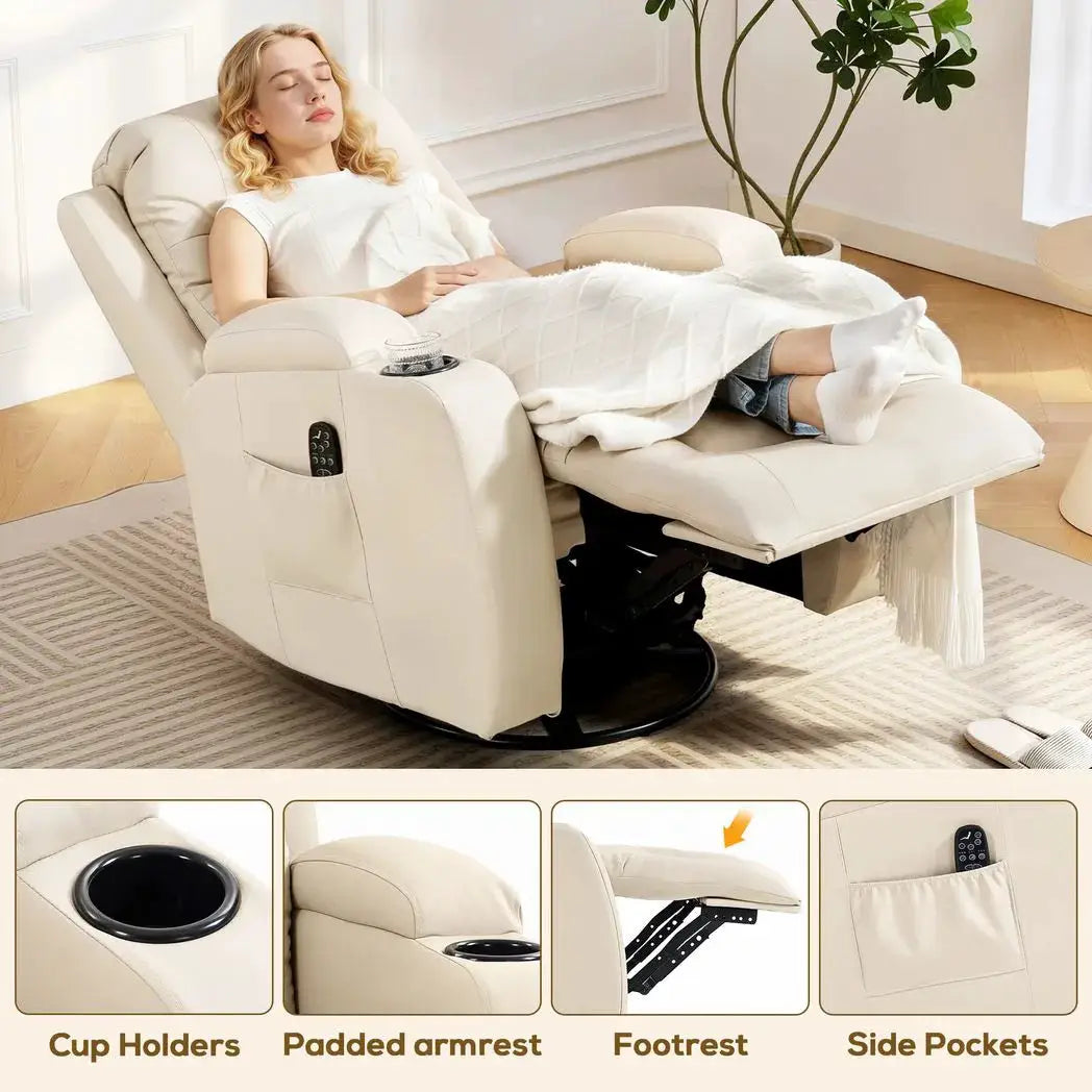 HOMCOM PU Leather Recliner Chair, Recliner Armchair with Extended Footrest, Cup Holders and Side Pockets, Cream - from HOMCOM