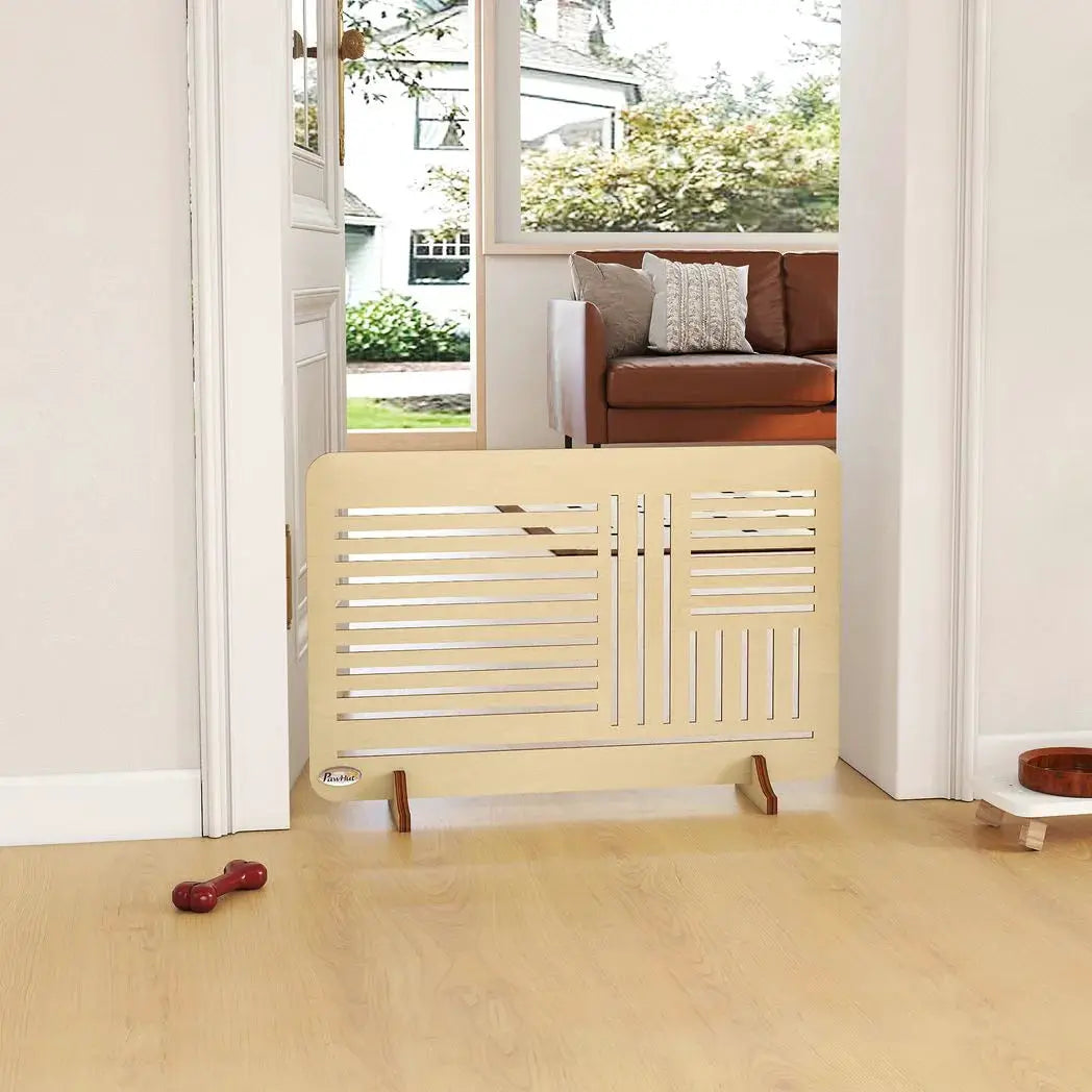 PawHut Freestanding Pet Gate, Portable Dog Barrier Gate with Feet for Small Breeds, 75 x 53 cm, Natural Wood - from PawHut