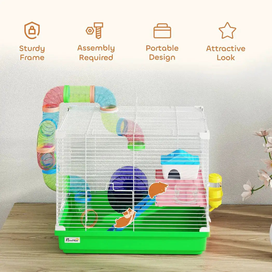 PawHut 2 Tier Hamster Cage, Gerbil Cage with Handle, Exercise Wheels, Tunnel, Water Bottle, Dishes, Ladder, for Dwarf - from PawHut