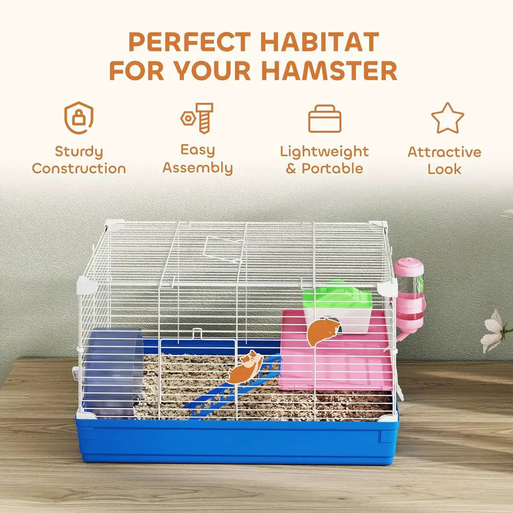 PawHut Hamster Cage, Small Gerbil Cage 2 Tiers Portable w/ Handle, Exercise Wheel, Water Bottle, Dishes, Blue - from PawHut