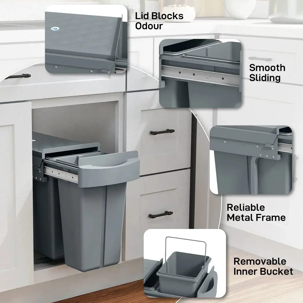 HOMCOM 2 Removable Recycling, ContaineUnder-Sink Kitchen Trash Bin, Smooth Slide, Handle, Diamond Pattern Lid, Grey - from HOMCOM
