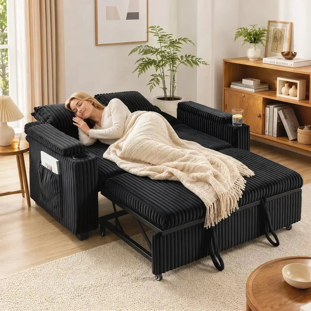 HOMCOM 2 Seater Sofa Bed, Pull Out Sleeper Sofa w/ Adjustable Backrest, Storage Armrests, Cup Holders, Side Pockets, Black - from HOMCOM