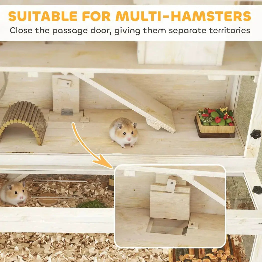 PawHut Wooden Hamster Cage with Hut, Wheel, Ramps, Removable Viewing Panels, 100 x 50 x 84 cm, Natural Wood - from PawHut