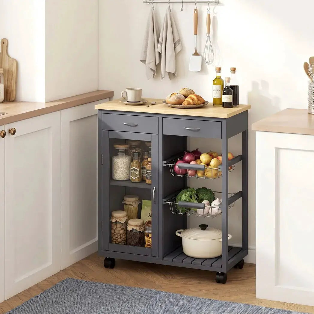 HOMCOM Bamboo Kitchen Island, Rolling Kitchen Trolley with Glass Door, 2 Metal Wire Baskets and Adjustable Shelf, Grey - from HOMCOM