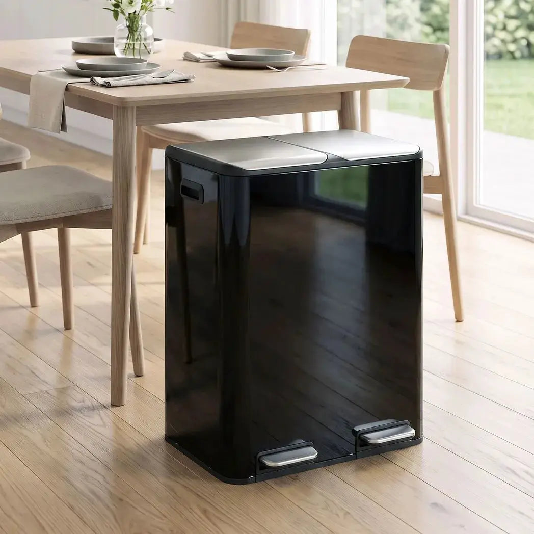 HOMCOM 2 x 30L Double Kitchen Bin, Stainless Steel Pedal Rubbish Bin with Dual Compartments, Soft Close Lids, High Gloss Black - from HOMCOM