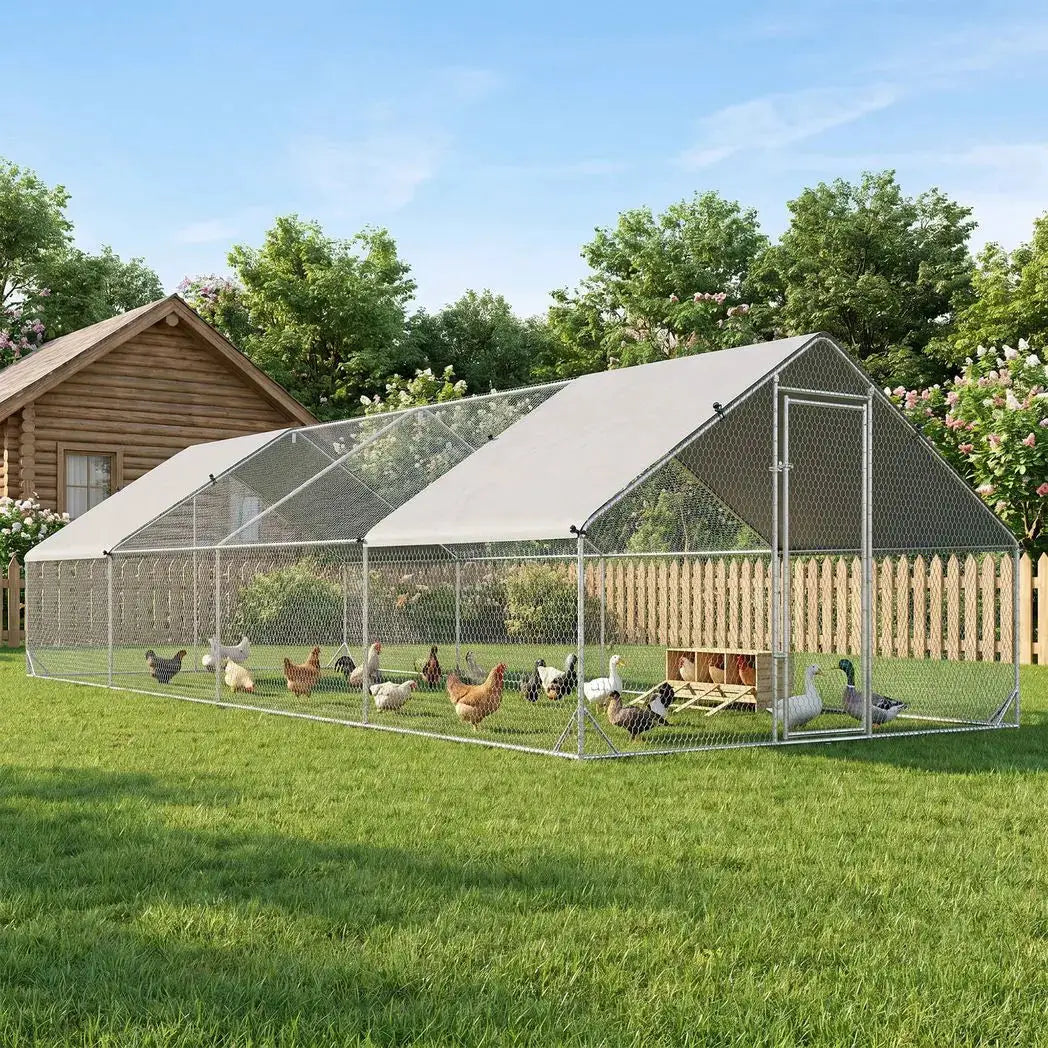 PawHut Chicken Run Galvanised Walk-in Chicken Coop Hen Poultry House Cage Rabbit Hutch with Water-Resist Cover, 3 x 8 x 2m - from PawHut