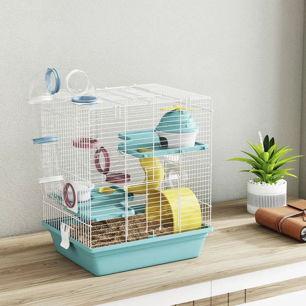 PawHut 3-Level Hamster Cage with Exercise Wheel, Water Bottle, Food Bowl, for Dwarf Hamsters, 34.5 x 27.5 x 41 cm, Blue - from PawHut
