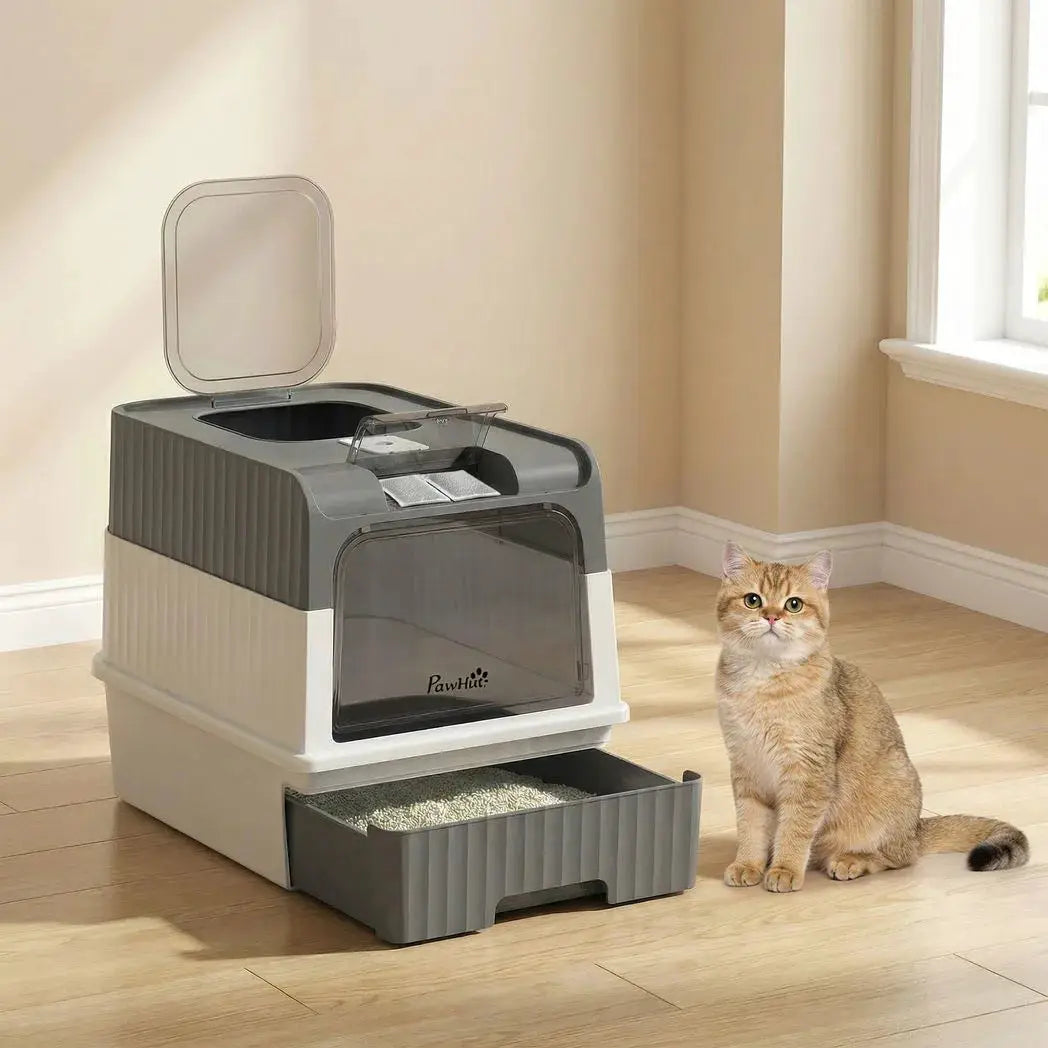 PawHut Enclosed Cat Litter Box with Lid, Pull-Out Drawer Tray, Scoop, 2 Deodorisation Bags, Front Entry & Top Exit, Grey - from PawHut