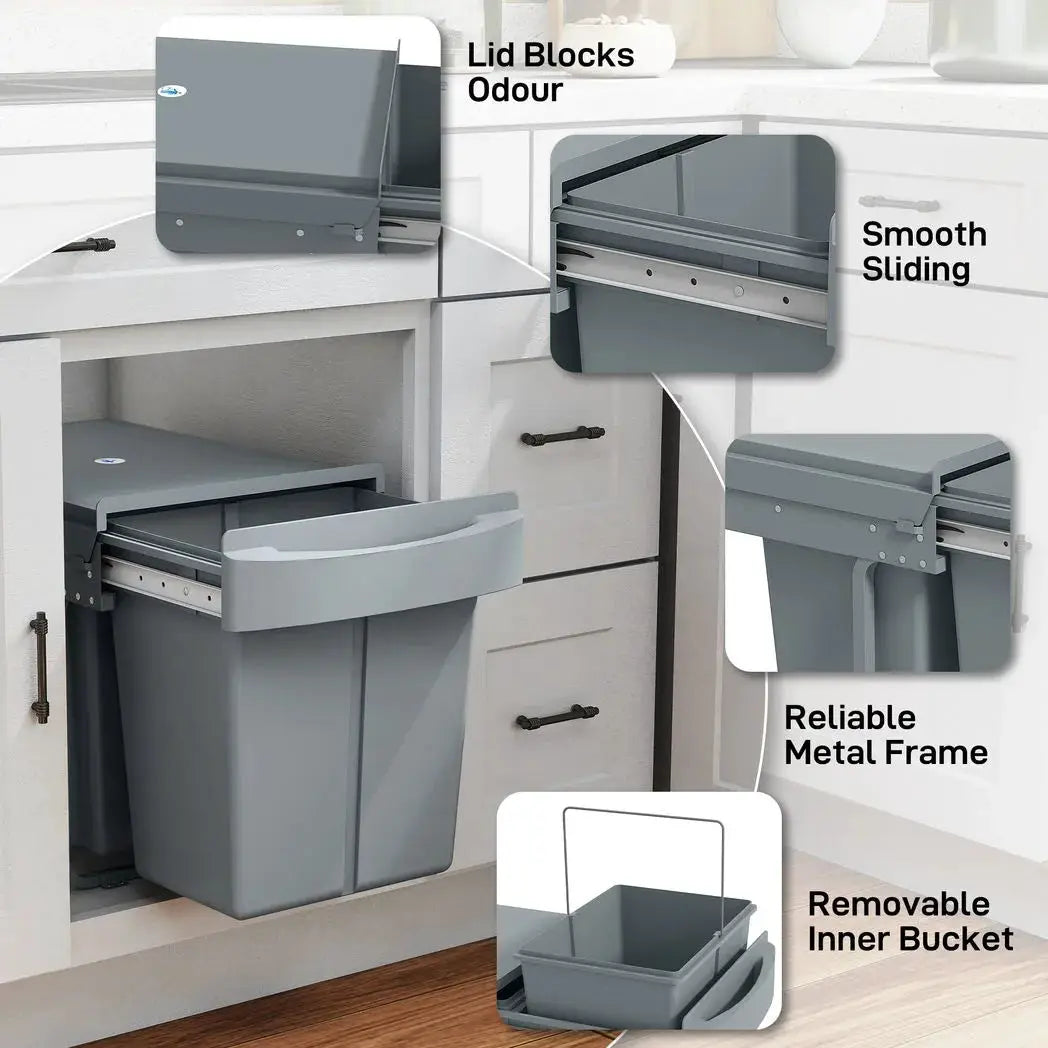 HOMCOM Pull Out Bin, Kitchen Under Sink Bin with 2 Removable Compartments, Smooth Glide, Grey - from HOMCOM
