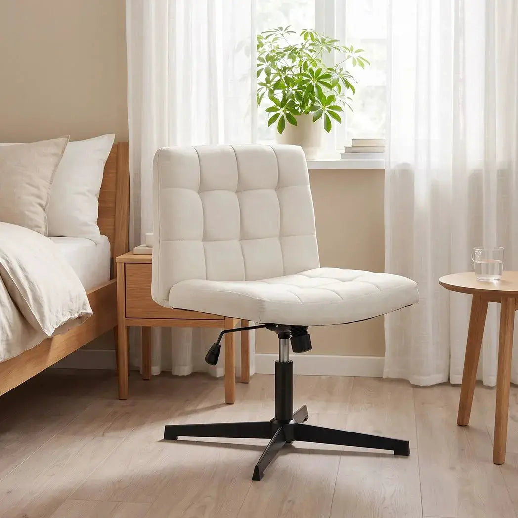 HOMCOM Armless Office Chair, Cross Legged Linen Computer Desk Vanity Chair with Wide Seat, Rocking Function, Beige - from HOMCOM