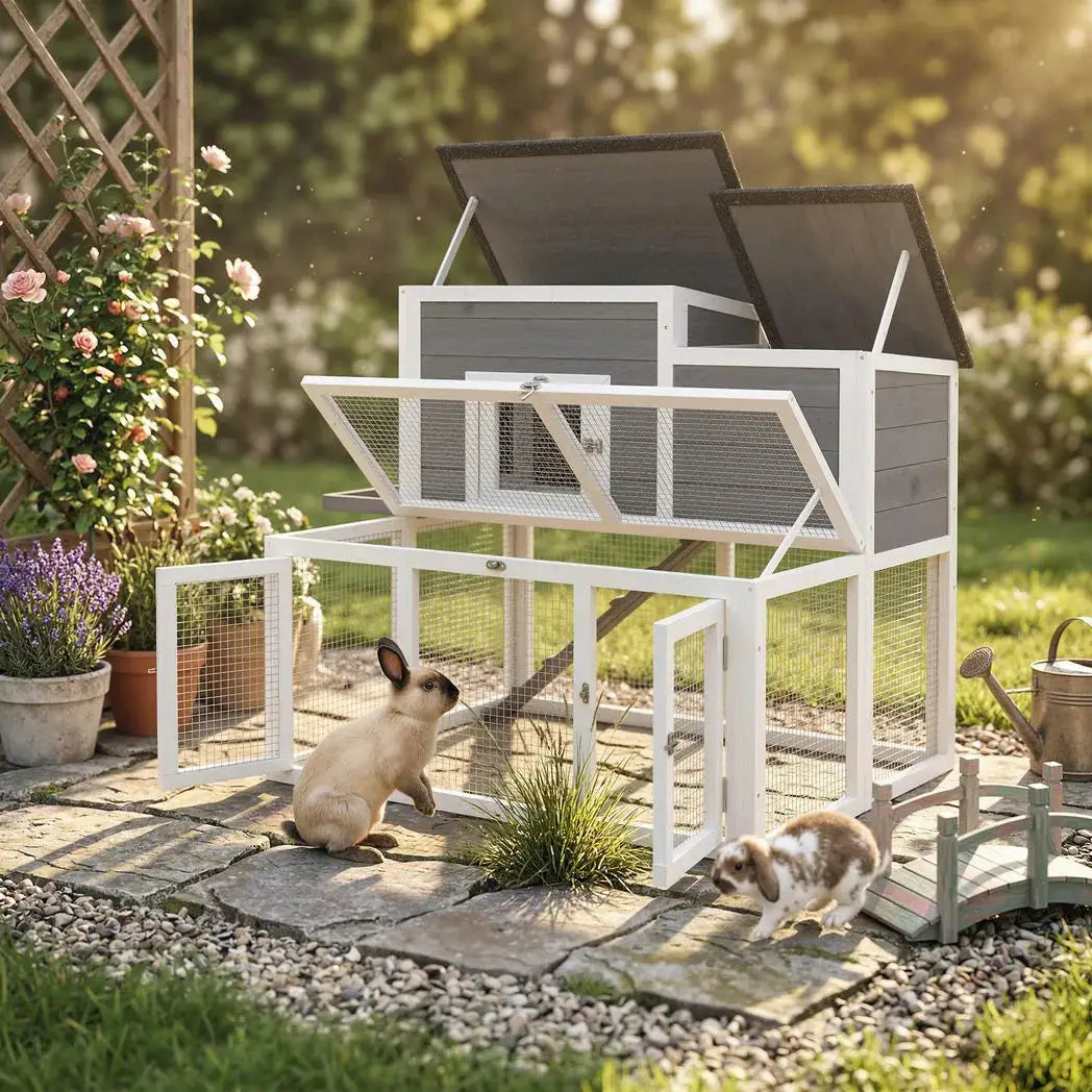 PawHut Wooden Rabbit Hutch, Indoor Outdoor Bunny Cage with Waterproof & Openable Roof, Pull Out Tray and Ramp, Guinea Pig Hutch - from PawHut