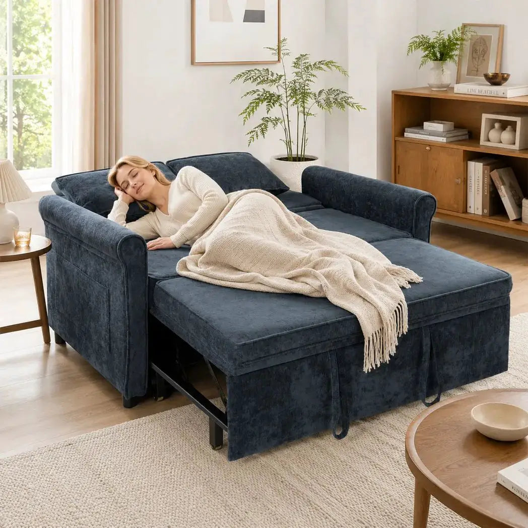 HOMCOM 2 Seater Sofa Bed 3-in-1 Convertible Chenille Pull Out Sleeper Sofa with 5-Position Adjustable Backrest, Dark Blue - from HOMCOM