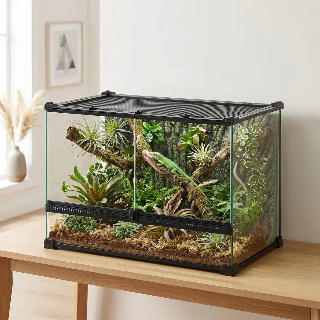 PawHut Reptile Glass Terrarium with Stone Background, Front Ventilation, Escape-Proof Knob Lock, 50 x 30 x 35 cm, Black - from PawHut