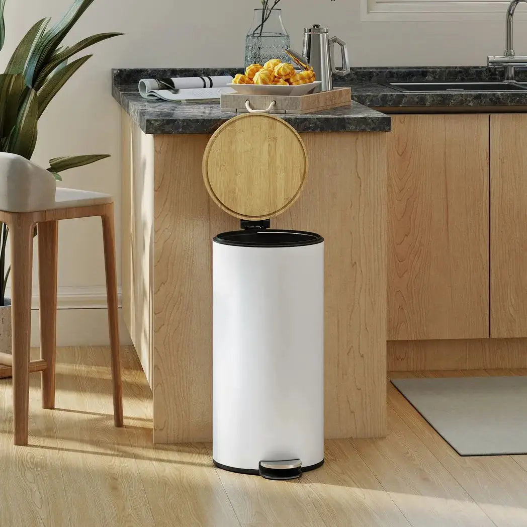 HOMCOM Kitchen Bin, 30 Litre Pedal Rubbish Bin with Removable Bucket, White and Natural - from HOMCOM