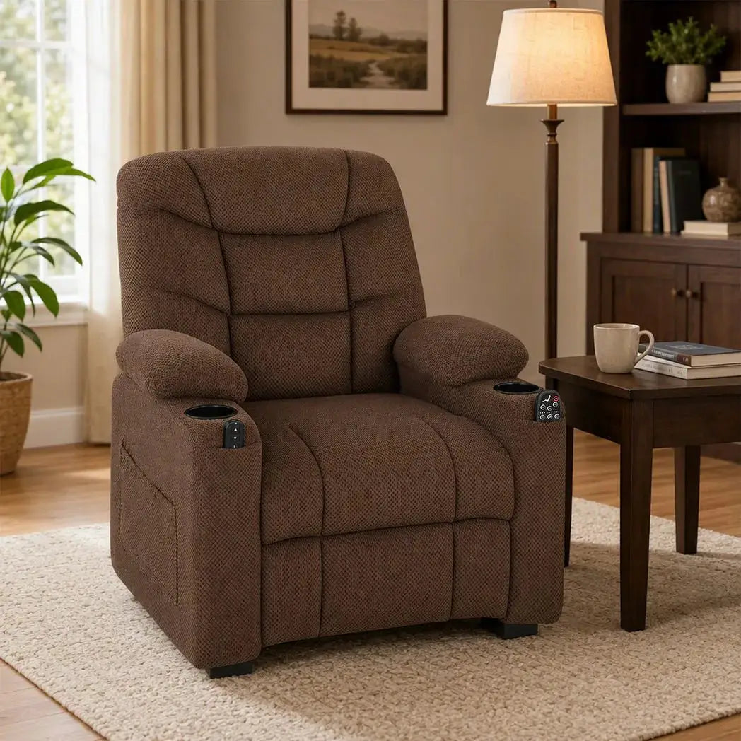HOMCOM Electric Massage Recliner Armchair with Vibration, Heat, Whisper-Quiet Motor, Memory Function, Fleece Power Reclining Chair with Spring Pack, USB Port, Footrest, Side Pocket, Brown - from HOMCOM