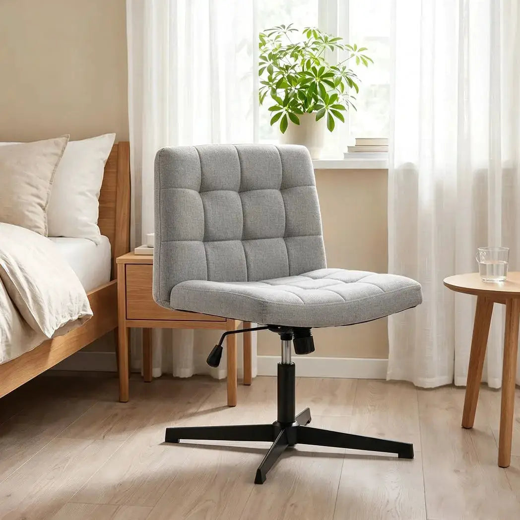 HOMCOM Armless Office Chair, Cross Legged Linen Computer Desk Vanity Chair with Wide Seat, Rocking Function, Grey - from HOMCOM