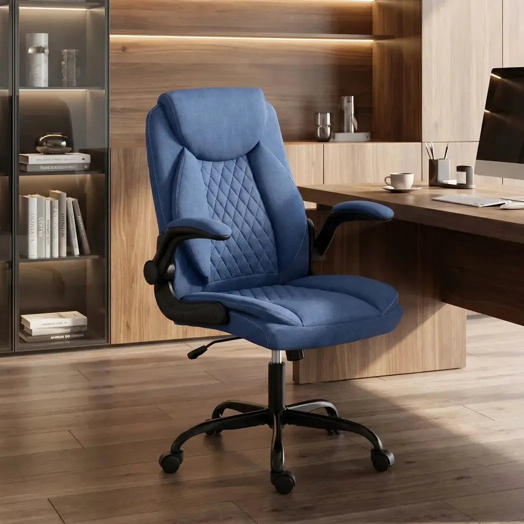 HOMCOM Linen-Look Computer Desk Chair, Executive Office Chair with Flip-Up Armrests and Thick Cushion, Blue - from HOMCOM