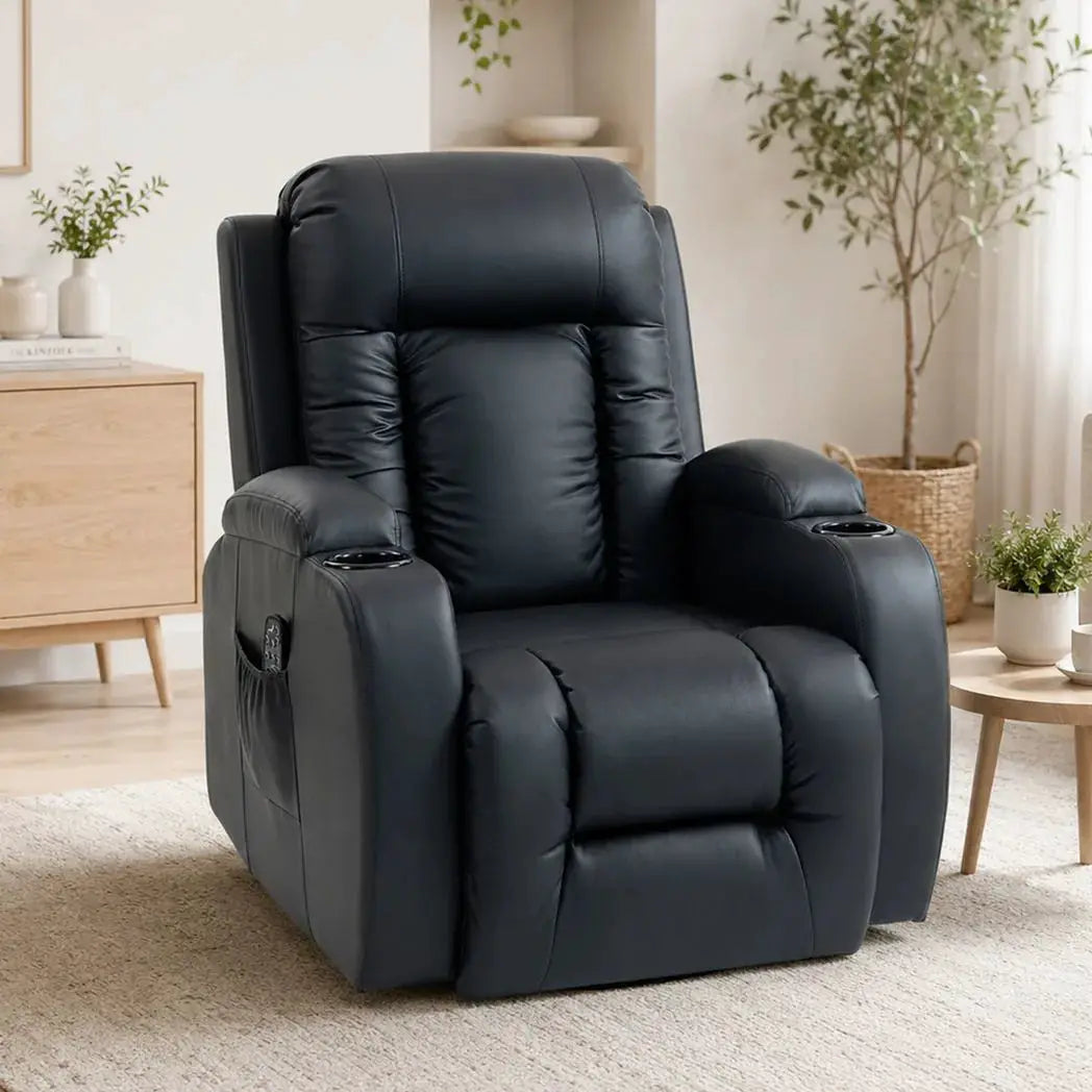 HOMCOM PU Leather Recliner Chair, Recliner Armchair with Extended Footrest, Cup Holders and Side Pockets, Black - from HOMCOM