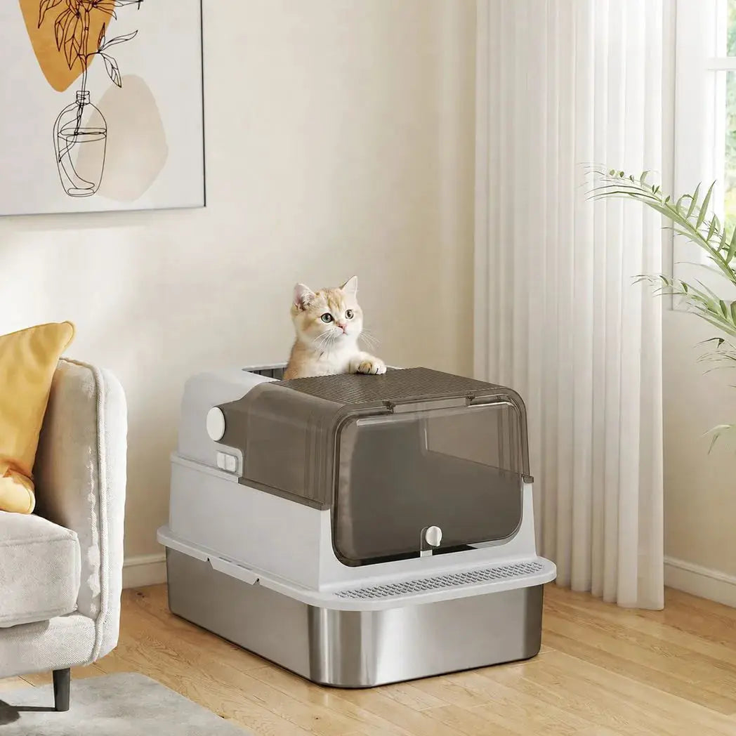PawHut XXL Stainless Steel Cat Litter Tray, Enclosed Cat Litter Box with 90° Flip Cover, Double Doors, Scoop, Easy Clean, Grey - from PawHut