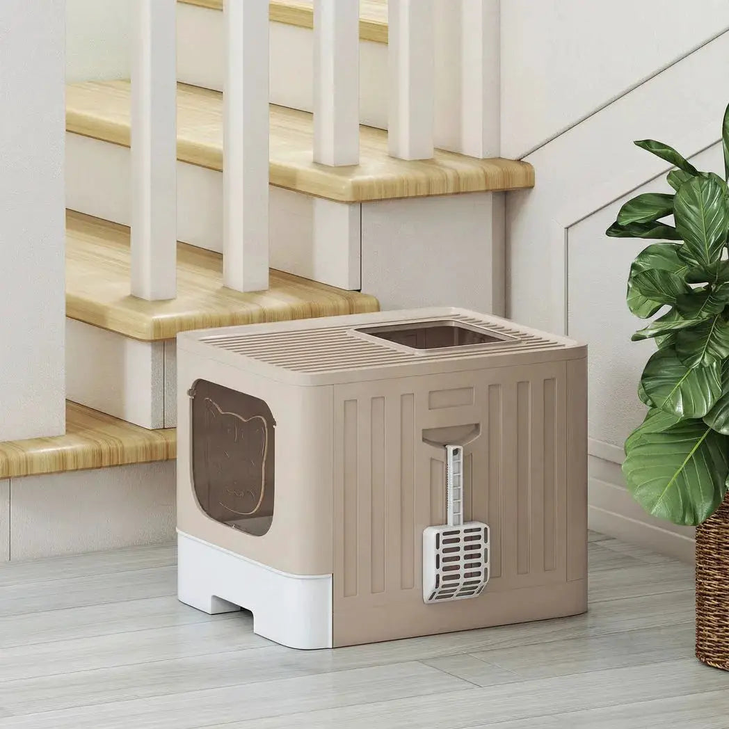 PawHut Cat Litter Box with Lid, Slide-Out Drawer, Scoop, Easy Clean, Odour Control, Anti-Splashing, Khaki - from PawHut
