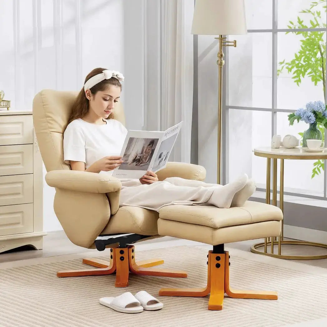 HOMCOM PU Leather Swivel Recliner Chair with Footstool, Wooden Base and Storage for Living Room, Beige - from HOMCOM