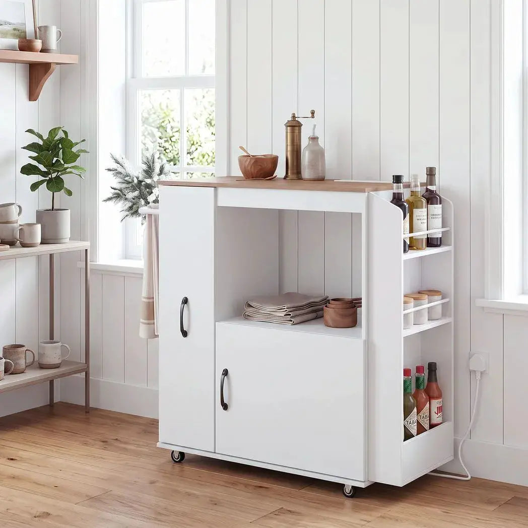 HOMCOM Kitchen Trolley on Wheels, Rolling Kitchen Island Cart with Power Outlet, Cabinet, Pull-Out Drawer, White - from HOMCOM