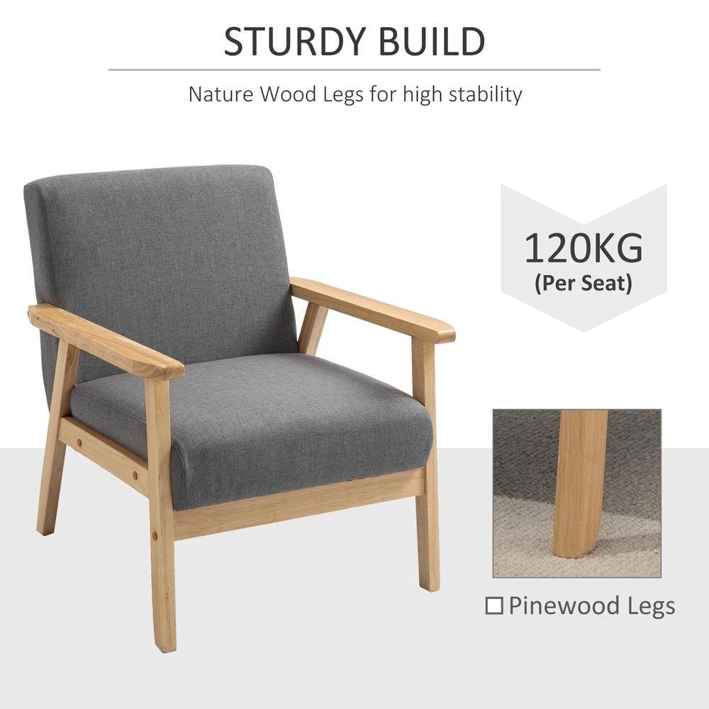 Linen Upholstered Pine Wood Accent Armchair Grey/Oak by HOMCOM