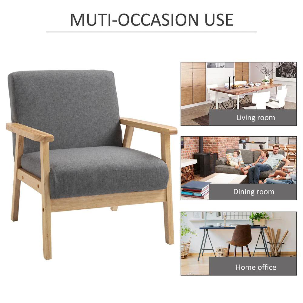 Linen Upholstered Pine Wood Accent Armchair Grey/Oak by HOMCOM