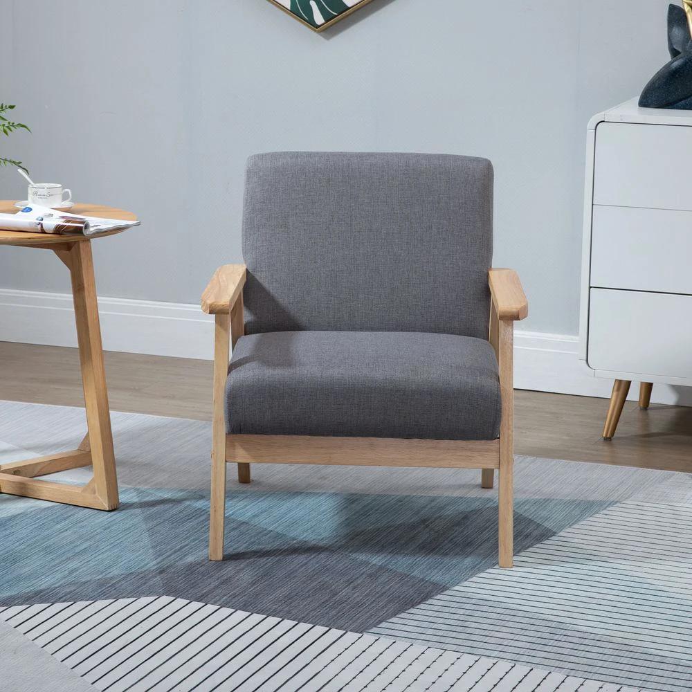 Linen Upholstered Pine Wood Accent Armchair Grey/Oak by HOMCOM