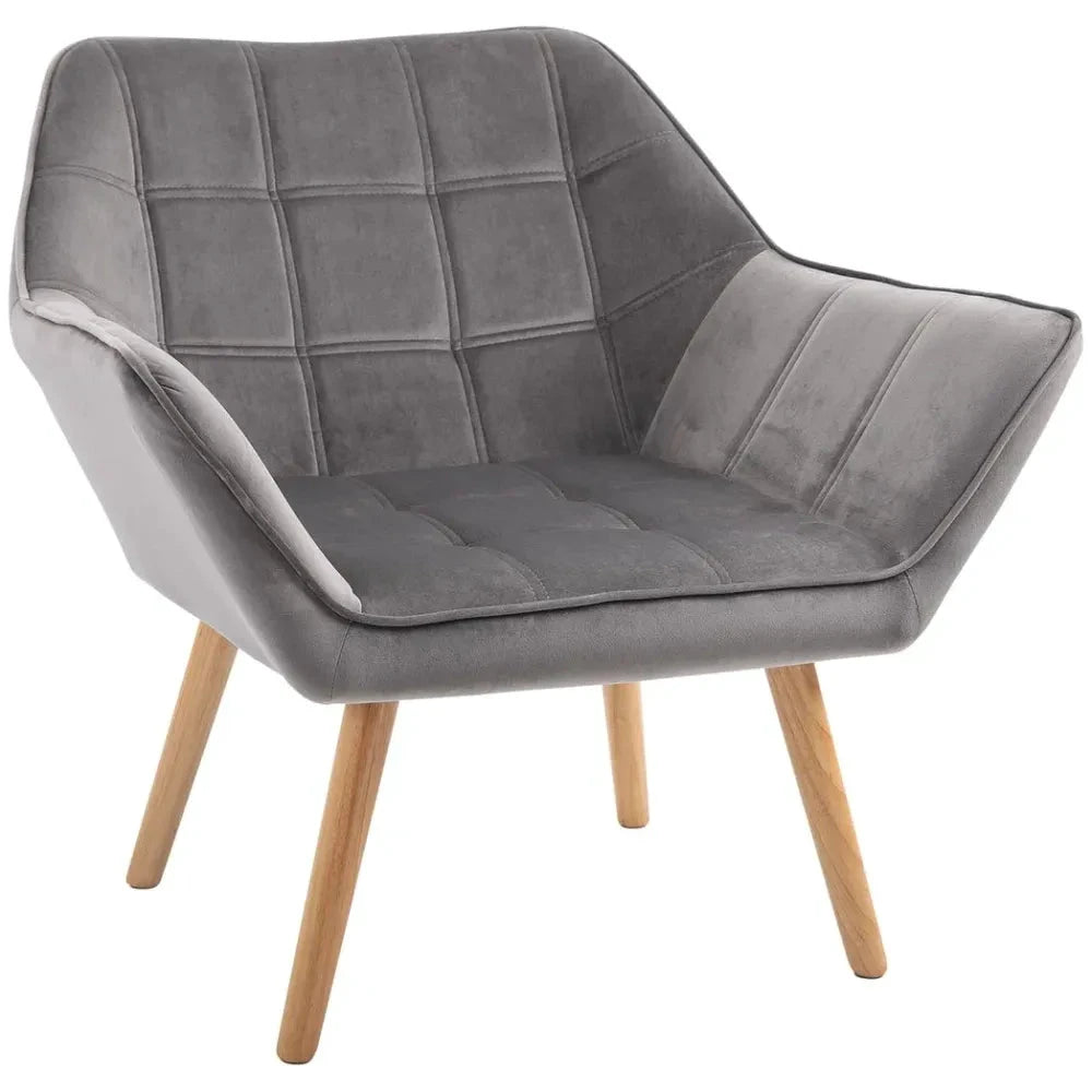 Luxe Velvet-Feel Accent Chair w/ Wide Arms Slanted Back Padding Wood Legs Grey by HOMCOM