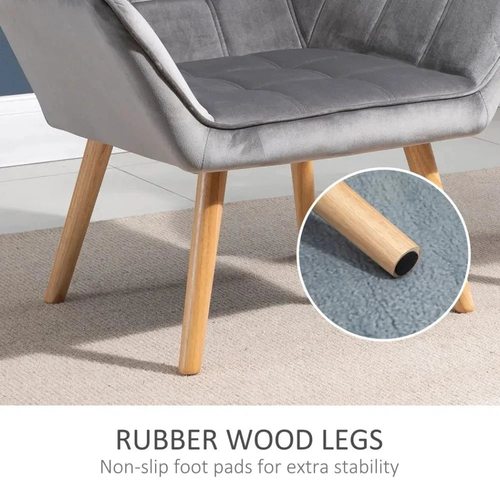 Luxe Velvet-Feel Accent Chair w/ Wide Arms Slanted Back Padding Wood Legs Grey by HOMCOM