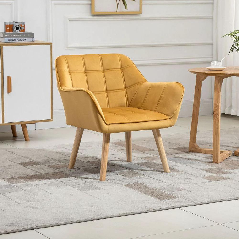 Luxe Velvet-Feel Accent Chair w/ Wide Arms Slanted Back Padding Wood Legs Yellow by HOMCOM