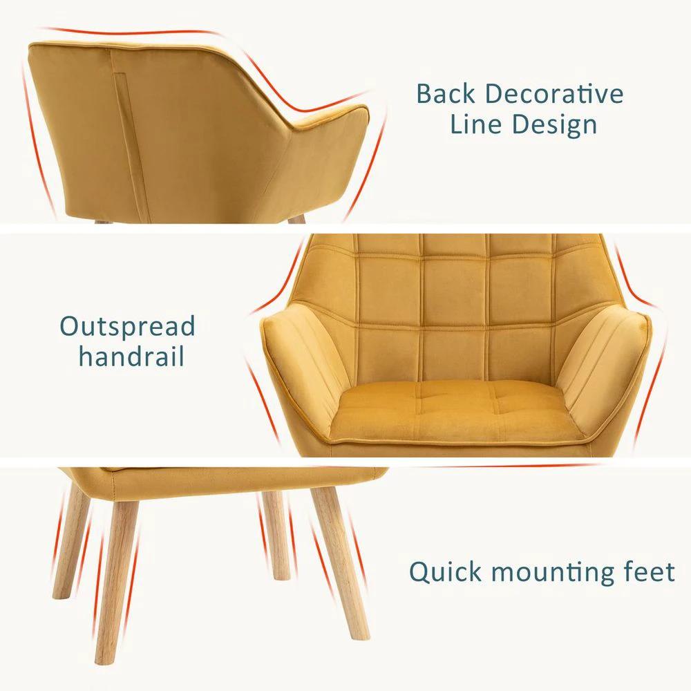 Luxe Velvet-Feel Accent Chair w/ Wide Arms Slanted Back Padding Wood Legs Yellow by HOMCOM
