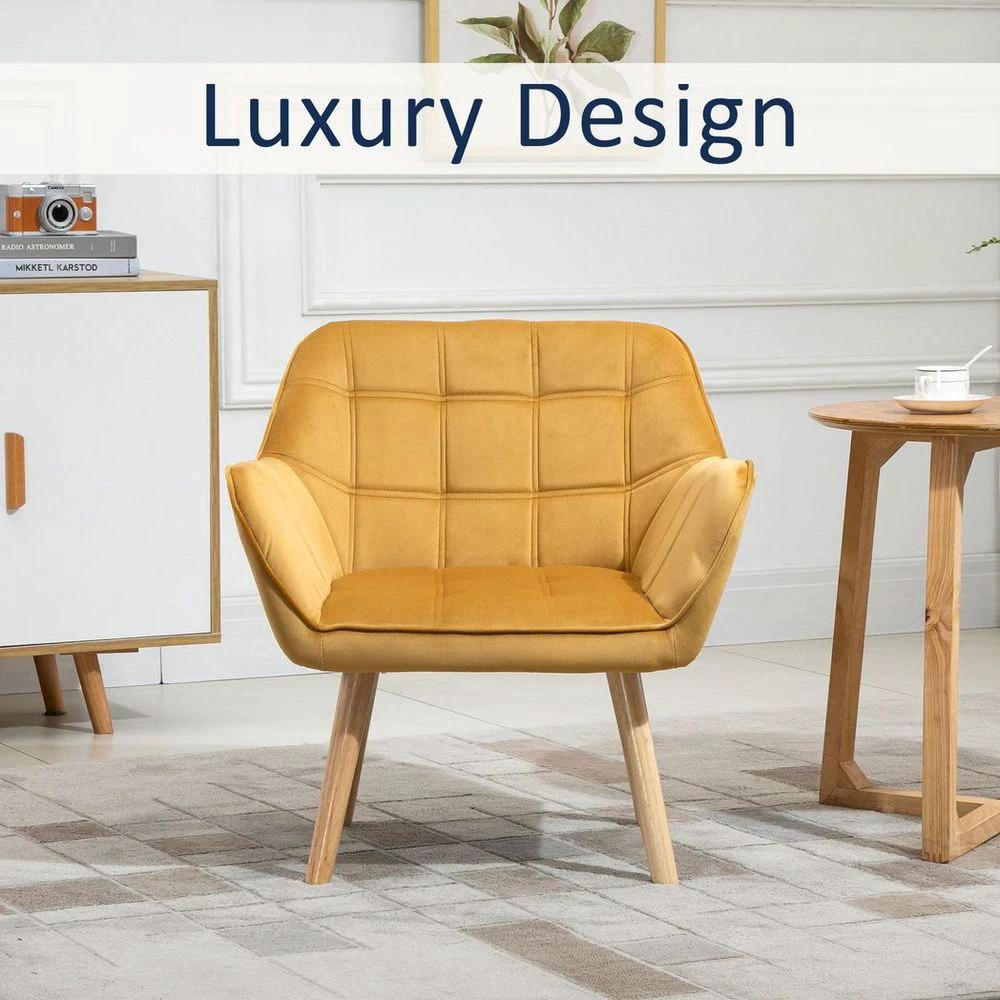 Luxe Velvet-Feel Accent Chair w/ Wide Arms Slanted Back Padding Wood Legs Yellow by HOMCOM