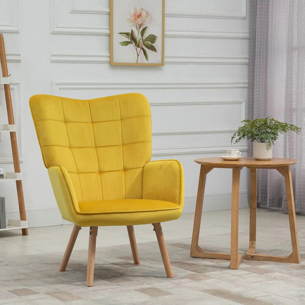 Modern Accent Chair Velvet-Touch Tufted Wingback Armchair, Yellow by HOMCOM