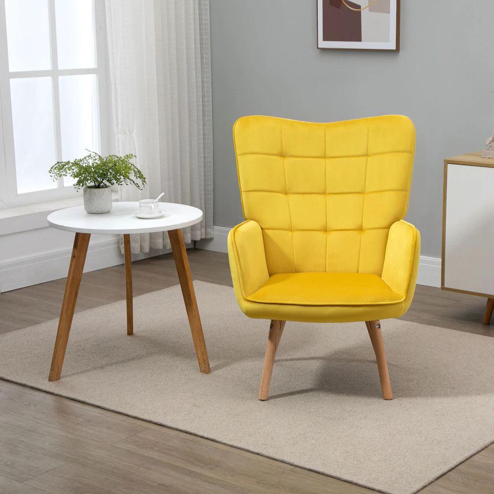 Modern Accent Chair Velvet-Touch Tufted Wingback Armchair, Yellow by HOMCOM