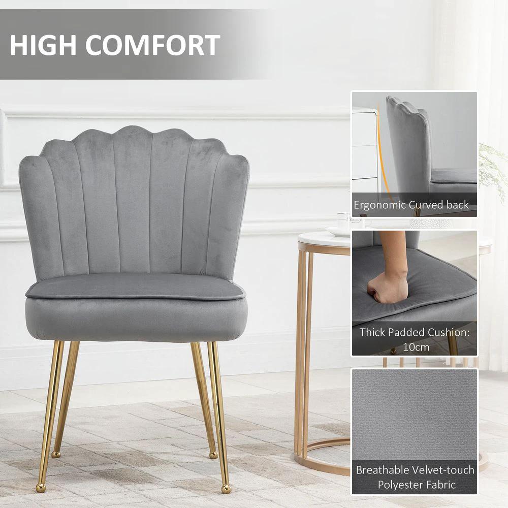 Velvet-Feel Shell Luxe Accent Chair Home Bedroom Lounge Metal Legs Grey by HOMCOM