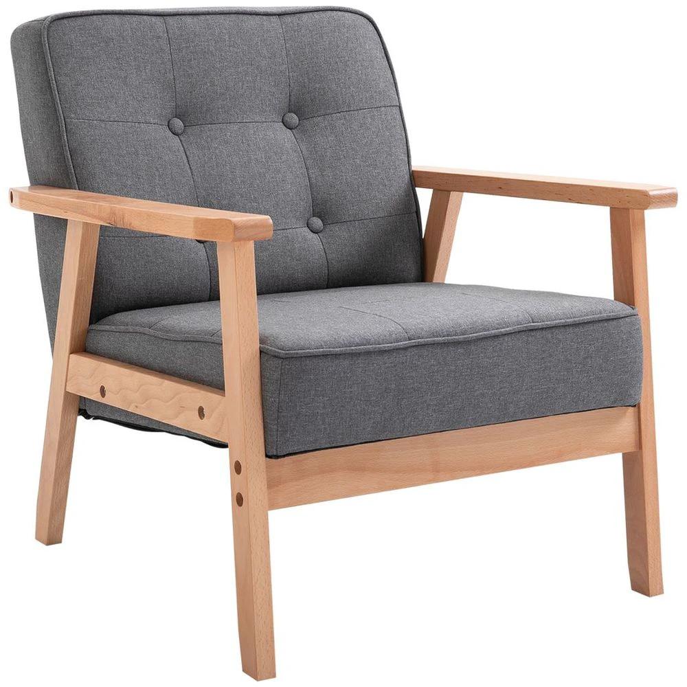 Retro Single Sofa Armchair Beech Wood Frame Padded Cushion Linen Fabric Grey by HOMCOM